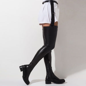 Women waist belt chunky heel black thigh high boots