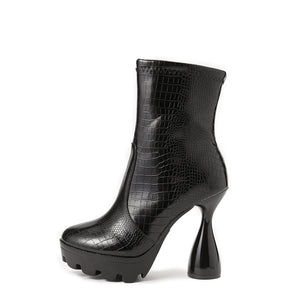 Women black shor crocodile embossed chunky heel side zipper platform boots