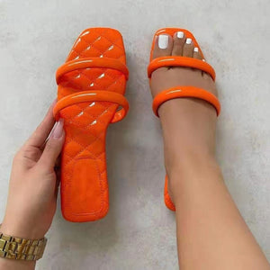 Women two strap square peep toe plaid slide flat sandals