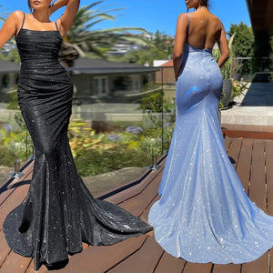 Sexy backless glitter shining paghetti strap maxi mermaid dress | Sleevesless floor-length cocktail party prom dress