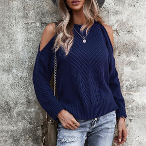 Women off shoulder slit hem solid color cable knit sweater