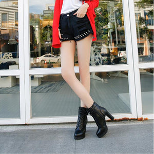 Women platform lace up buckle strap chunky heeled booties