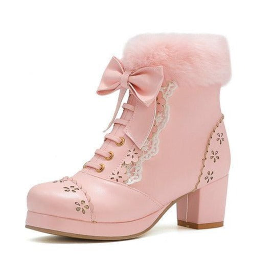 Women cute bowknot lace up hollow flower heeled faux fur short winter boots
