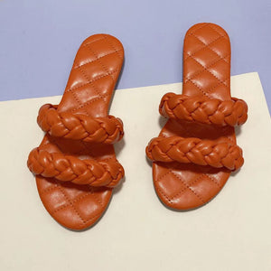 Women woven two strap stitching grid slide flat sandals