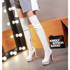 Women thigh high boots chunky heel platform boots side zipper