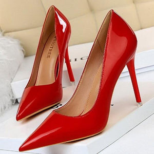 Women pointed toe stiletto 4 inch heels | closed toe shallow high heeled pumps | patent leather prom heels