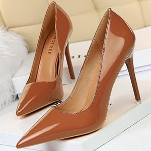 Women pointed toe stiletto 4 inch heels | closed toe shallow high heeled pumps | patent leather prom heels