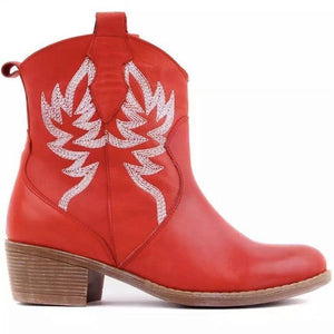 Women's vintage flower embroidery short cowboy boots chunky block heel round toe ankle boots