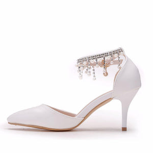 Women's white closed toe wedding heels ankle pearls strap bridal heels
