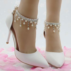 Women's white closed toe wedding heels ankle pearls strap bridal heels