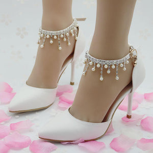 Women's white closed toe wedding heels ankle pearls strap bridal heels