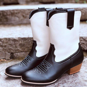Women's fashion black white patchwork mid-calf cowboy boots