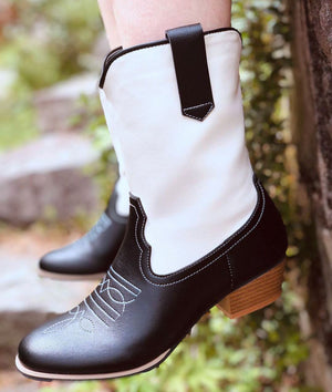 Women's fashion black white patchwork mid-calf cowboy boots