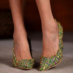 Women sexy woven pointed toe shallow slip on stiletto heels