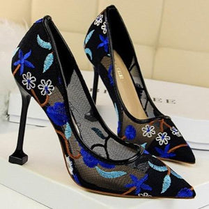 Women embroidered flowers pointed toe stiletto high heels