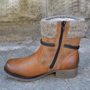 Women's sweater cuff fur lining snow boots chunky low heel warm zipper winter ankle boots
