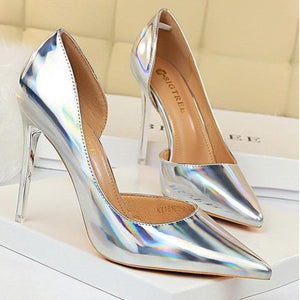 Women pointed toe metal mirror prom sexy side cut stiletto heels