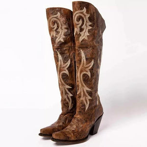 Womens' vintage floral print knee high boots pointed toe chunky heel boots