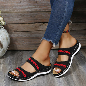 Women embroidered two strap peep toe slide sandals
