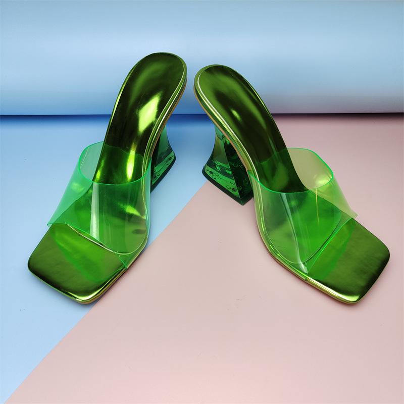 Women square toe clear strap slide chunky high heels