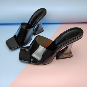 Women square toe clear strap slide chunky high heels