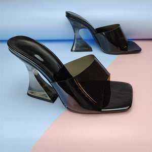 Women square toe clear strap slide chunky high heels