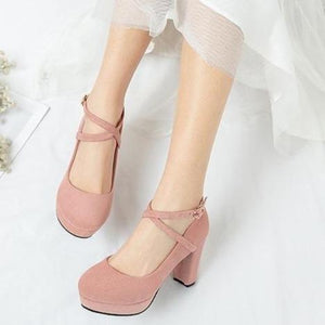 Women solid color chunky high criss cross strap platform heels