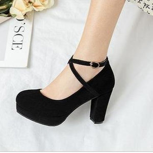 Women solid color chunky high criss cross strap platform heels