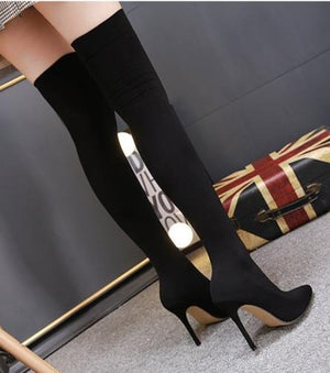 Women's black stiletto heeled stretch over the knee sock boots pointed toe thigh high boots