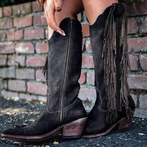 Women's knee high tassels cowboy boots pointed toe chunky block heel retro boots