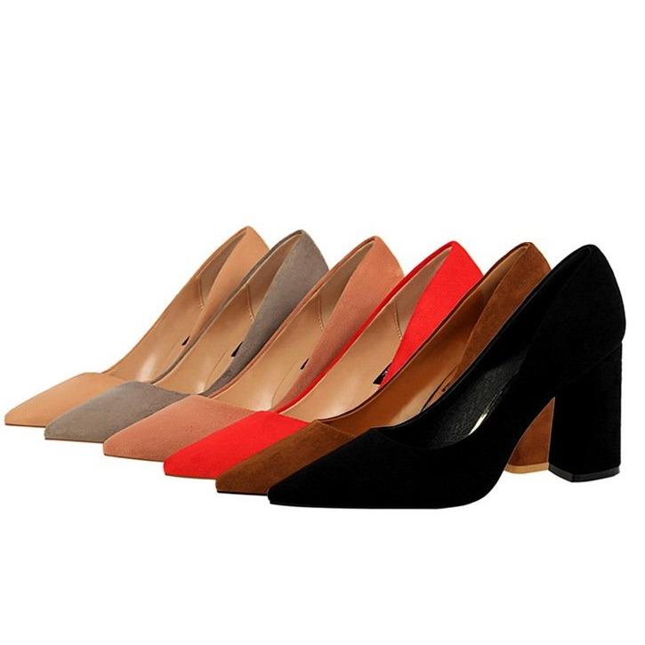 Women minimalist solid color office lady shallow slip on chunky heels