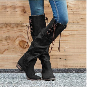 Women's vintage knee high tassels boots chunky low heel round toe boots