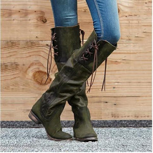 Women's vintage knee high tassels boots chunky low heel round toe boots