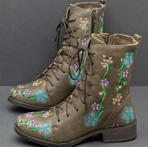 Women's flower embroidery zipper lace-up ankle boots low heel