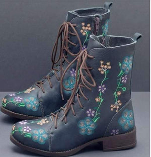 Women's flower embroidery zipper lace-up ankle boots low heel