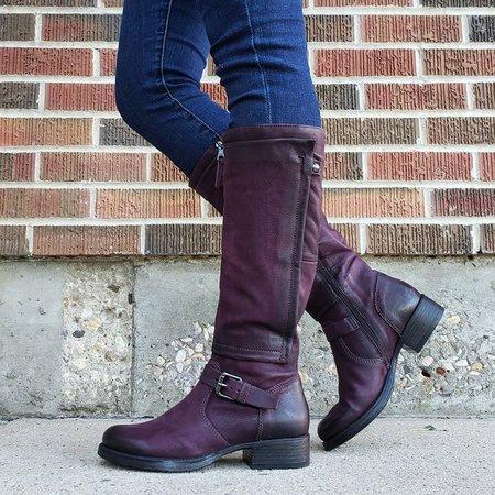 Women's vintage motorcycle boots low heel buckle strap biker boots