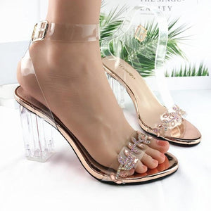 Women clear strap peep toe rhinestone slingback summer chunky heels