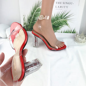 Women buckle strap peep toe sequin chunky high clear heels