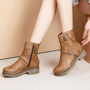 Women's low heel retro buckle strap plush lining motorcycle boots