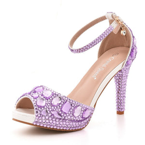 Women rhinestone peep toe wedding prom buckle strap stiletto high heels