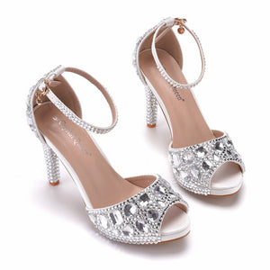 Women rhinestone peep toe wedding prom buckle strap stiletto high heels