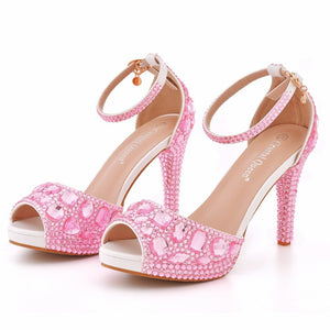 Women rhinestone peep toe wedding prom buckle strap stiletto high heels