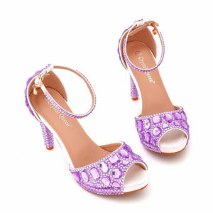 Women rhinestone peep toe wedding prom buckle strap stiletto high heels