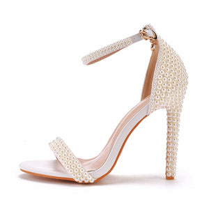 Women rhinestone buckle ring strap peep toe side cut high heels