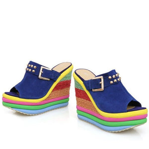 Women's peep toe rainbow patform wedge clogs sandals