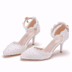 White lace closed toe ankle strap wedding heels