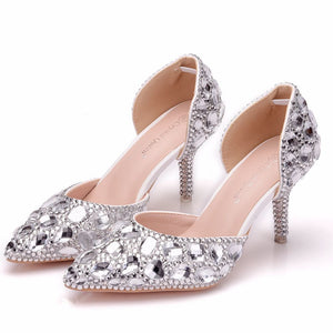 Women cute rhinestone side cut pointed toe stiletto wedding heels