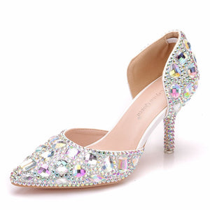 Women cute rhinestone side cut pointed toe stiletto wedding heels