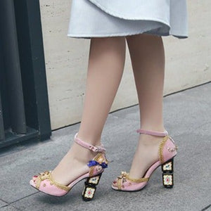 Women ankle buckle strap peep toe side cut rhinestone flowers chunky heels