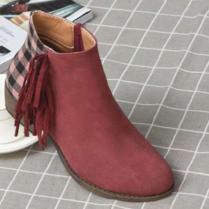 Retro fringed ankle boots plaid block heel boots